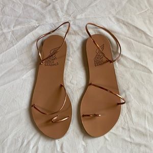 Ancient greek sandals size 37 / US 7 strappy rose gold iridescent design